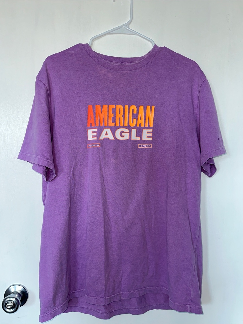 American Eagle Outfitters Purple Tee with Orange & White Logo